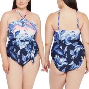 La Blanca Blue Leaf Ombre High Neck Wrap One Piece Swimsuit Plus Size 20W